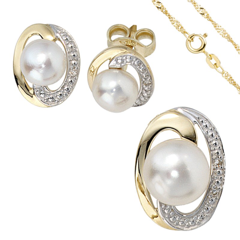 JOBO Schmuck-Set 585 Gelbgold bicolor Perlen Diamanten